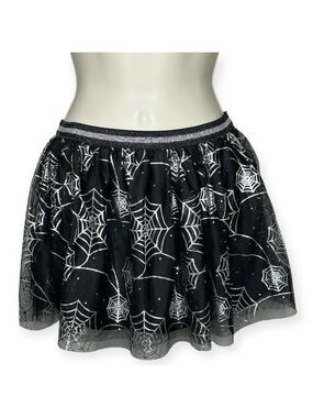 Cobweb Metallic Mesh Halloween Skirt Black Silver Girls L 10-12